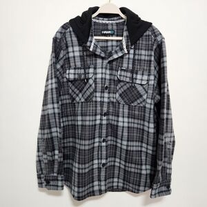 Tony Hawk NWOT Mens Fleece Shirt Jacket Plaid Hooded Cozy Gray 2X